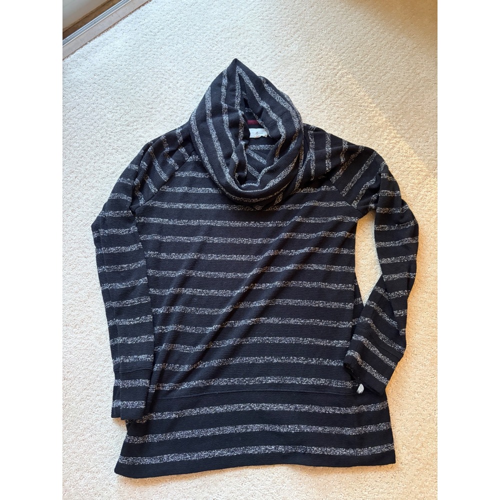 Lou & Grey Womens Medium Black White Striped Cowl Neck Raglan Sleeve Sweater